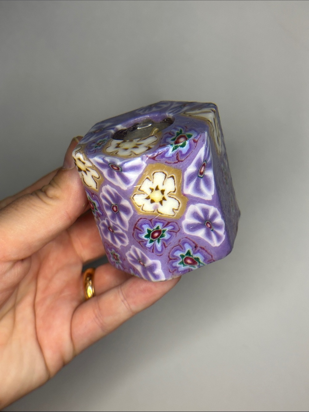 2” millefiori vintage purple lavender floral candle
